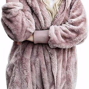 Women Hooded Cardigan Fuzzy Jacket Winter Open Front Fleece Coat Outwear with Po